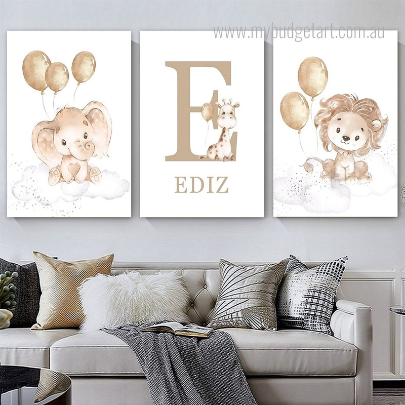 Cute Wild King Elephant Minimalist Animal 3 Panel Set Painting Photograph Kids Nursery Custom Print on Canvas Home Wall Moulding