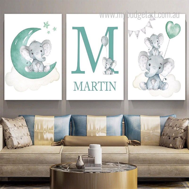 Cute Elephant Heart Stars Animal 3 Multi Panel Naturescape Artwork Set Picture Kids Nursery Canvas Print for Wall Hanging Drape