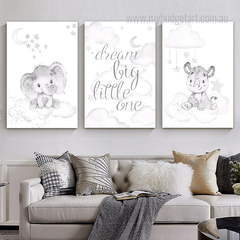 Dream Big Little One Clouds Nursery 3 Piece Animal Quotes Art Sets Pic Canvas Print for Room Wall Disposition