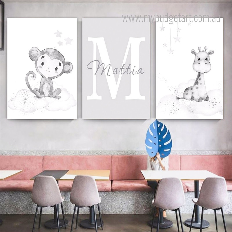 Cute Giraffe Stars Animal Minimalist 3 Piece Set Painting Picture Kids Nursery Custom Canvas Prints for Room Wall Arrangement