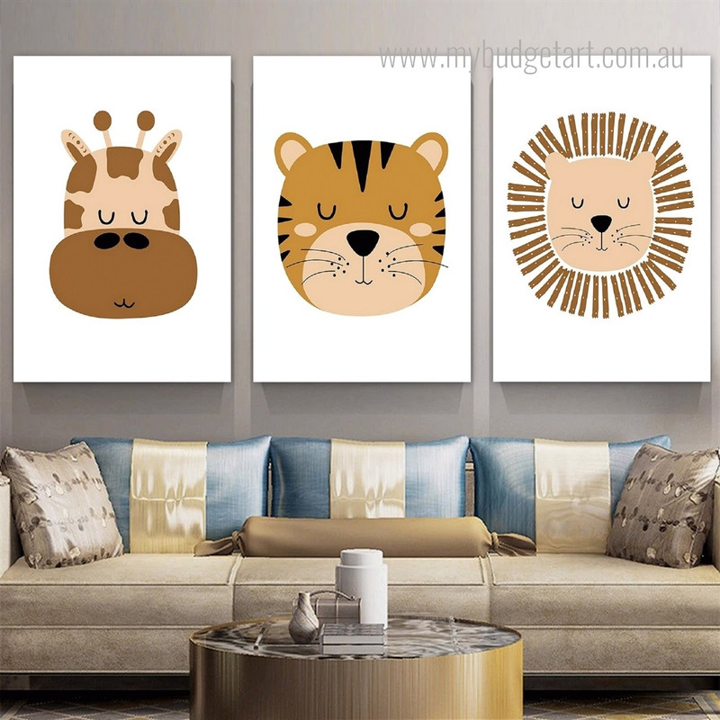Cute Giraffe Mask Tiger Scandinavian Animal Photograph Minimalist 3 Piece Set Nursery Canvas Print for Room Wall Art Ornament