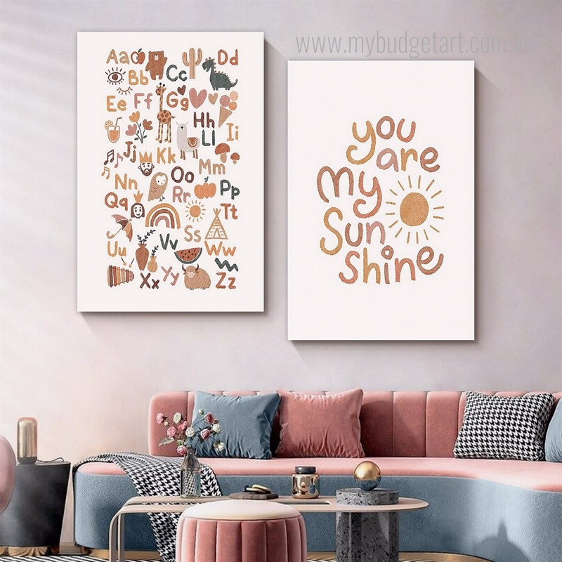 You Are My Sunshine Sun Quotes Scandinavian 2 Panel Wall Set Painting Picture Kids Nursery Canvas Print for Bed Room Ornamentation Ideas
