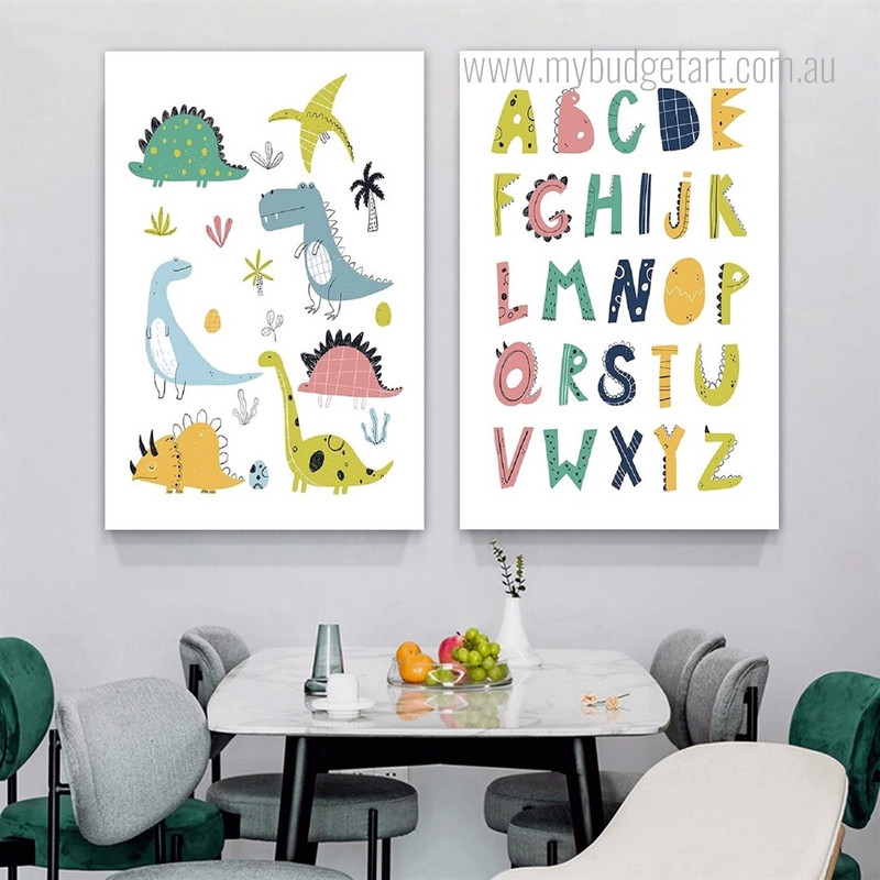 Kawaii Alphabet Dinosaurs Typography 2 Multi Panel Minimalist Painting Set Photograph Watercolor Nursery Canvas Print for Room Wall Getup