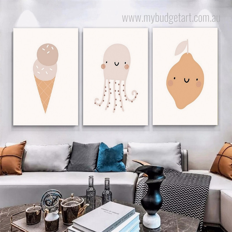 Animated Octopus Cartoon Animal Minimalist 3 Multi Panel Painting Photograph Nursery Canvas Prints Wall Sets for Room Wall Garnish