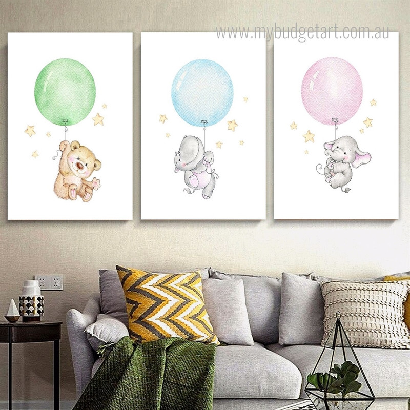 Hippo Fly Balloon Bear Minimalist Animal Photograph 3 Piece Watercolor Set Kids Nursery Canvas Print for Room Wall Art Assortment