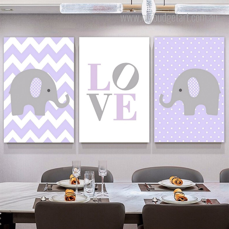 Cute Elephant Love Typography 3 Multi Panel Animal Painting Set Photograph Nursery Canvas Print for Room Wall Decoration