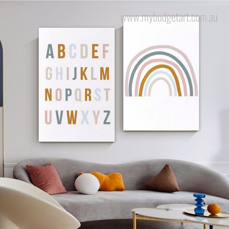 Rainbow Bold Strokes Nursery Typography 2 Multi Panel Minimalist Painting Set Photograph Canvas Print for Room Wall Drape