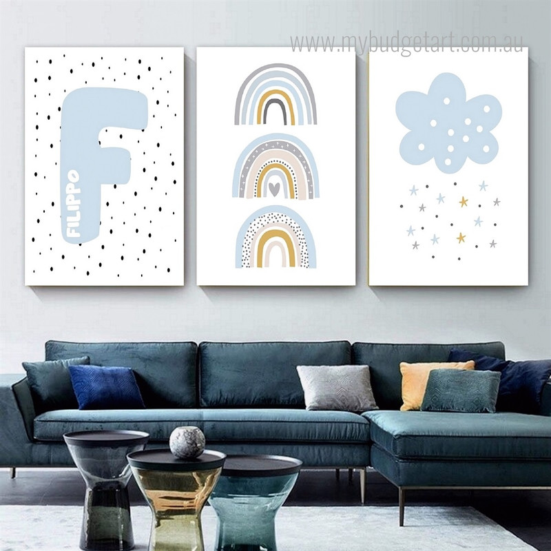Polka Cloud Stars Minimalist Landscape 3 Multi Panel Painting Set Photograph Nursery Print on Custom Canvas for Wall Hanging Finery