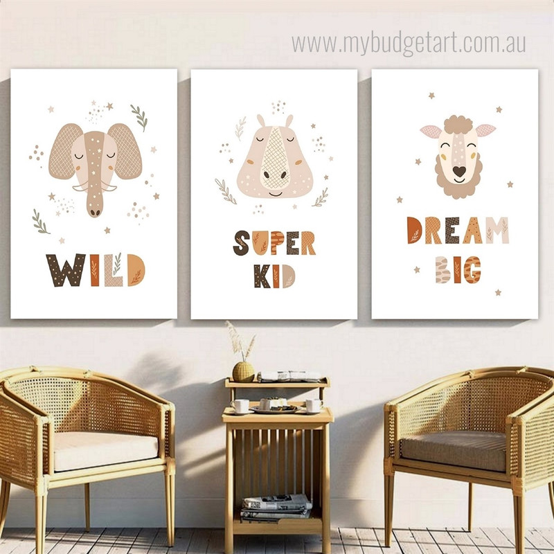Cute Sheep Face Elephant Nursery Abstract 3 Multi Panel Animal Scandinavian Painting Set Photograph Canvas Print for Room Wall Drape