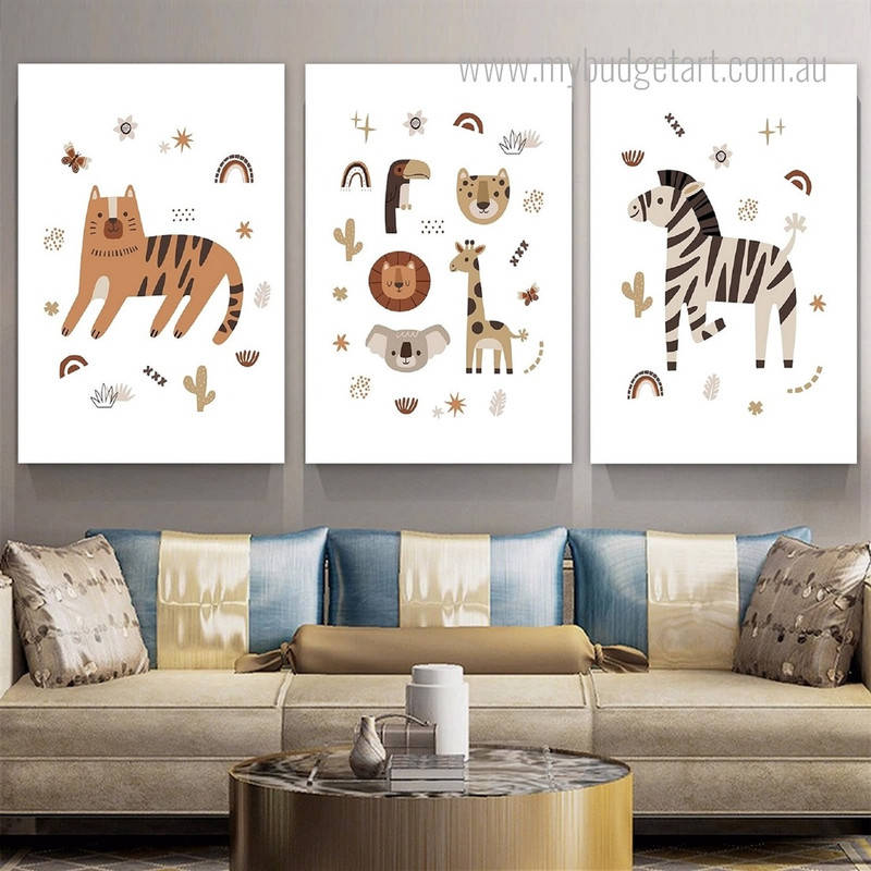 Animated Zebra And Cat Stars Animal Botanical 3 Panel Wall Set Painting Picture Kids Nursery Canvas Print for Bed Room Ornamentation Ideas