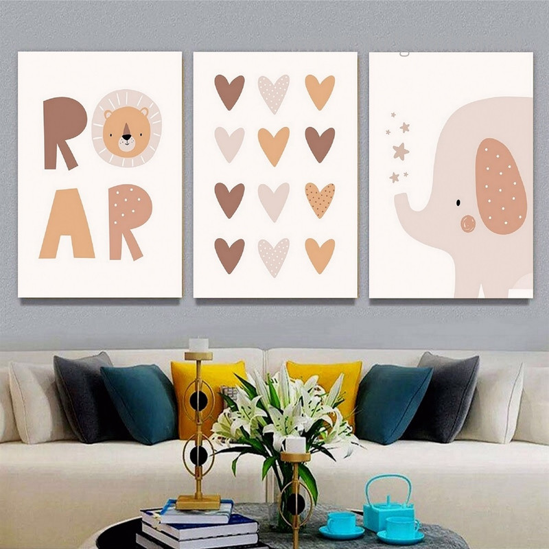 Roar Lion Visage Dots Typography Scandinavian Animal 3 Piece Set Nursery Photograph Canvas Print for Room Wall Art Embellishment