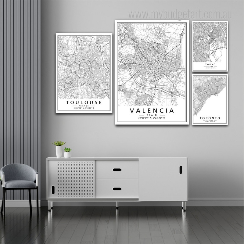 Toulouse Valencia Tokyo Abstract Stretched Cheap 4 Panel Map Wall Art Photograph Canvas Print for Room Embellishment Toulouse Valencia Tokyo Abstract Stretched Cheap 4 Panel Map Wall Art Photograph Canvas Print for Room Embellishment