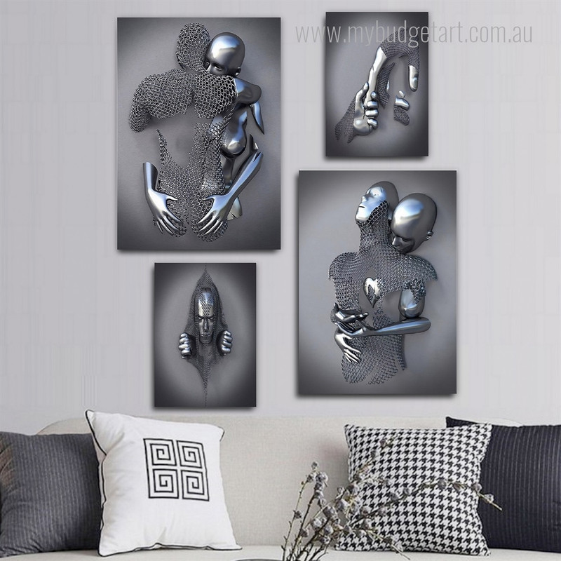 Couple Hug Silver 3D Effect Metal Figure Statue Modern Framed Artwork Picture 4 Piece Wall Art for Apartment Décor