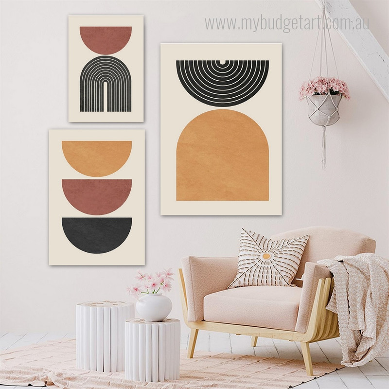 Half Scansion Strokes Circles Geometric Photograph Abstract 3 Piece Set Canvas Print Wall Hanging Artwork Assortment