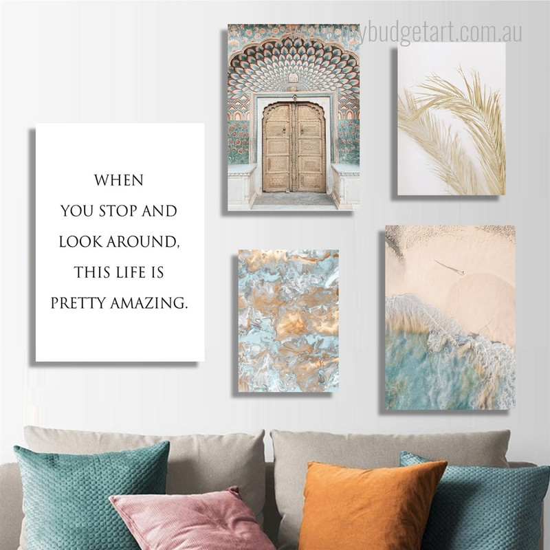 Dried Palm Leaves Nature Landscape Modern Quotes Framed Artwork Picture 5 Piece Canvas Wall Art for Room Decor