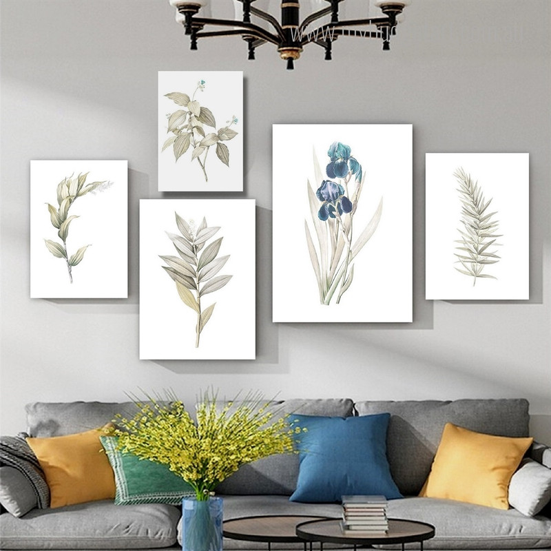 Iris Bloom Leaflet Flowers Modern 5 Multi Panel Floral Minimalist Painting Set Photograph Rolled Canvas Print for Room Wall Finery