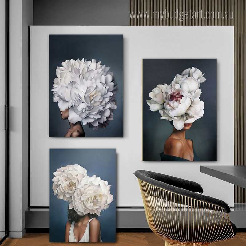 Women Flower Head Floral Abstract Figure Fashion Style Modern Artwork Photo 3 Panel Canvas Set for Room Wall Onlay