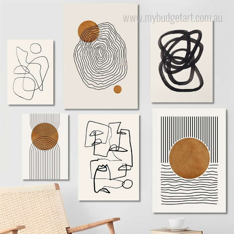 Convoluted Strias Scansion Lines Scandinavian 6 Multi Panel Painting Set Photograph Abstract Rolled Print on Canvas for Wall Hanging Garniture