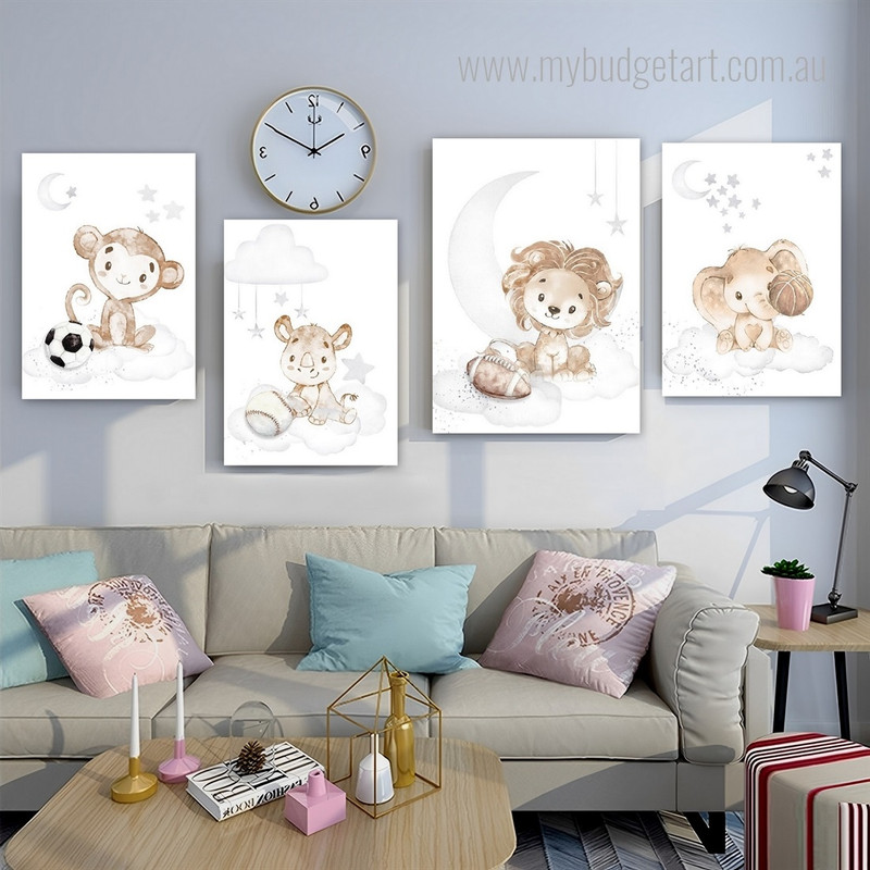 Rhino And Elephant Stars Animal Nursery Stretched Photograph 4 Multi Panel Set Art Nursery Canvas Print for Room Wall Flourish