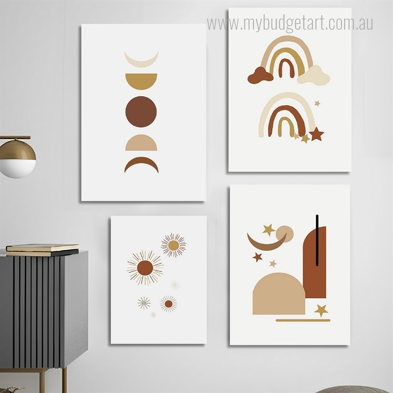 Moon Cycle And Rainbows Sun Nature Stretched Minimalist Scandinavian Photograph 4 Piece Set Canvas Print Art for Room Wall Hanging Finery