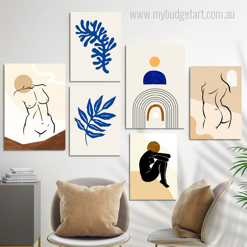 Curved Splash Foliage Spots Abstract 6 Piece Set Nordic Minimalist Stretched Canvas Print Photograph for Room Wall Art Garniture