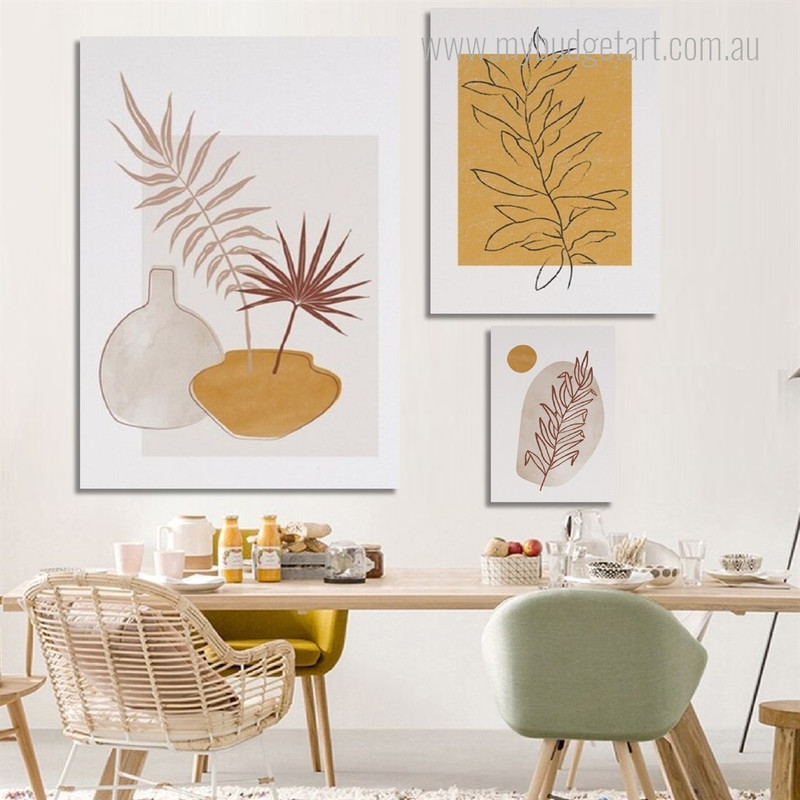 Leaflets Tarnish Vase Leaves Abstract Botanical Stretched Scandinavian Photograph 3 Piece Set Canvas Print Art for Room Wall Hanging Finery