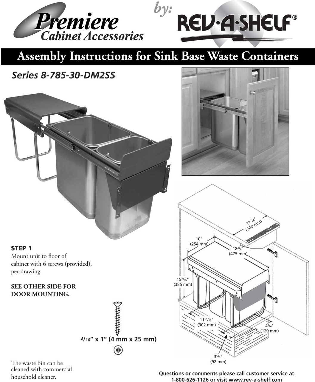 Door Mount Under Sink Waste Container, 8-785-30-DM2SS (Rev A Shelf)