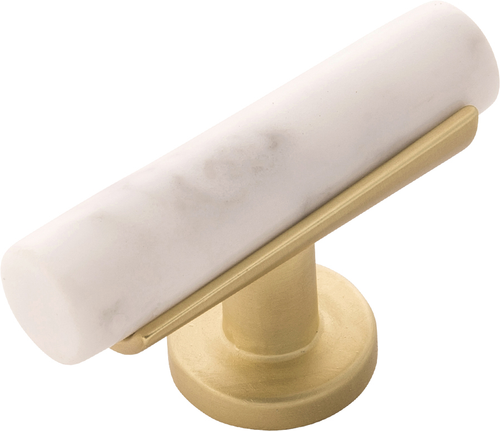 Firenze Collection T-Knob 2-1/2'' x 1'' White Marble with Brushed Golden Brass Finish B077041MW-BGB