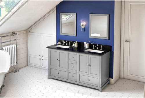 Addington 60'' Grey Vanity, double bowl, Black Granite Vanity Top, two undermount rectangle bowls VKITADD60GRBGR