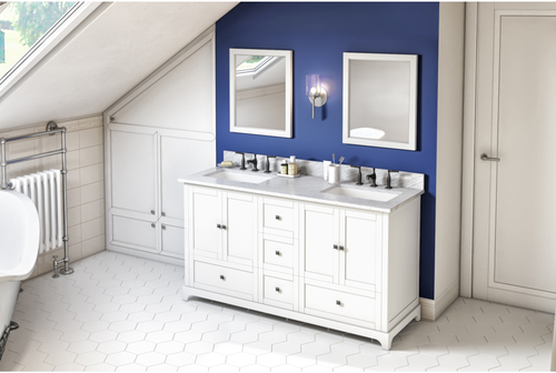 Addington 60'' White Vanity, double bowl, White Carrara Marble Vanity Top, two undermount rectangle bowls VKITADD60WHWCR