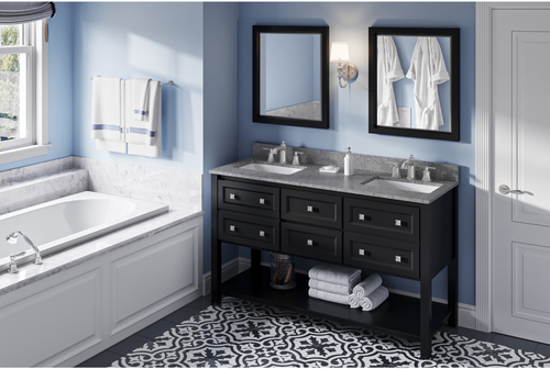 Adler 60'' Black Vanity, double bowl, Boulder Cultured Marble Vanity Top, two undermount rectangle bowls VKITADL60BKBOR