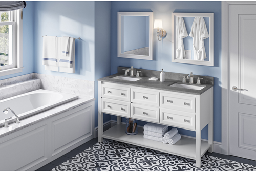 Adler 60'' White Vanity, double bowl, Steel Grey Cultured Marble Vanity Top, two undermount rectangle bowls VKITADL60WHSGR