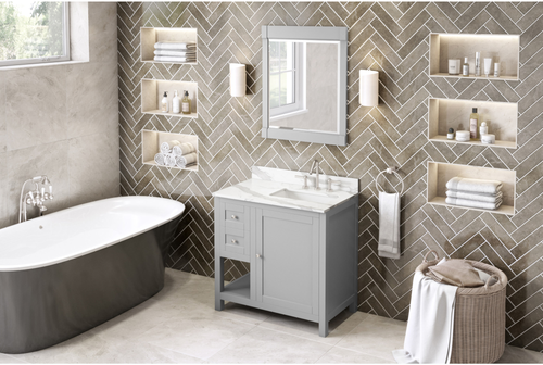 Astoria 36'' Grey Vanity, right offset, Calacatta Vienna Quartz Vanity Top, undermount rectangle bowl VKITAST36GRCQR