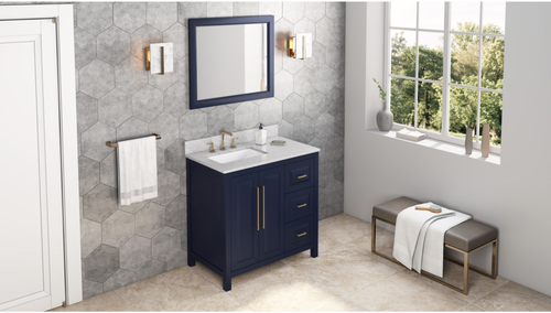 Cade 36'' Hale Blue Vanity, left offset, White Carrara Marble Vanity Top, undermount rectangle bowl VKITCAD36BLWCR