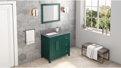 Cade 36'' Forest Green Vanity, left offset, Steel Grey Cultured Marble Vanity Top, undermount rectangle bowl VKITCAD36GNSGR