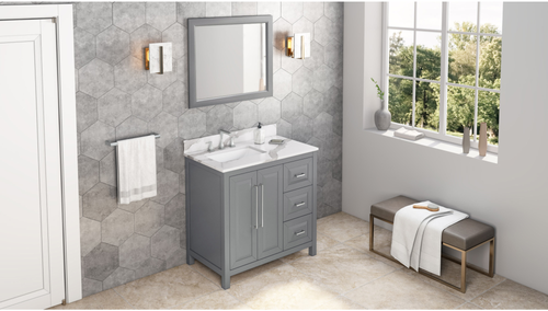 Cade 36'' Grey Vanity, left offset, Calacatta Vienna Quartz Vanity Top, undermount rectangle bowl VKITCAD36GRCQR