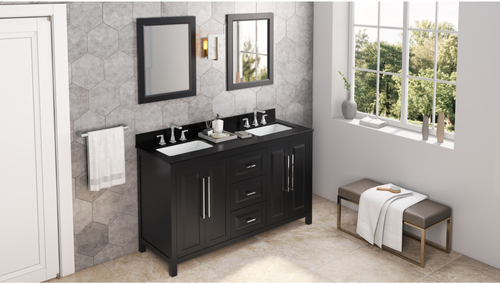 Cade 60'' Black Vanity, double bowl, Black Granite Vanity Top, two undermount rectangle bowls VKITCAD60BKBGR