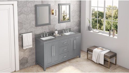Cade 60'' Grey Vanity, double bowl, Boulder Cultured Marble Vanity Top, undermount rectangle bowl VKITCAD60GRBOR