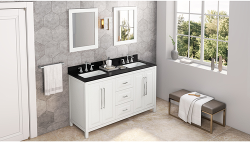 Cade 60'' White Vanity, double bowl, Black Granite Vanity Top, undermount rectangle bowl VKITCAD60WHBGR