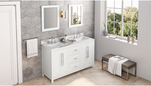 Cade 60'' White Vanity, double bowl, Calacatta Vienna Quartz Vanity Top, undermount rectangle bowl VKITCAD60WHCQR