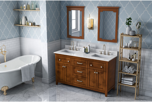 Chatham 60'' Chocolate Vanity, double bowl, White Carrara Marble Vanity Top, two undermount rectangle bowls VKITCHA60CHWCR