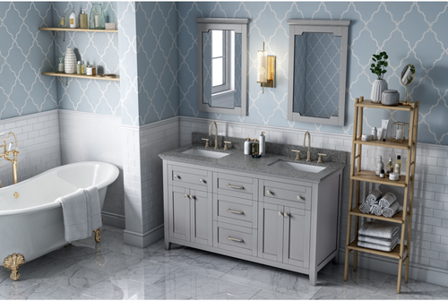 Chatham 60'' Grey Vanity, double bowl, Boulder Cultured Marble Vanity Top, two undermount rectangle bowls VKITCHA60GRBOR
