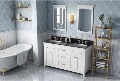 Chatham 60'' White Vanity, double bowl, Black Granite Vanity Top, two undermount rectangle bowls VKITCHA60WHBGR