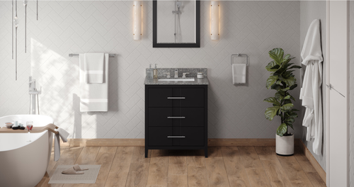 Katara 30'' Black Vanity, Boulder Cultured Marble Vanity Top, undermount rectangle bowl VKITKAT30BKBOR
