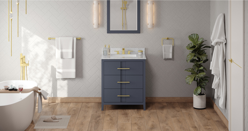 Katara 30'' Blue Steel Vanity, White Carrara Marble Vanity Top, undermount rectangle bowl VKITKAT30BSWCR