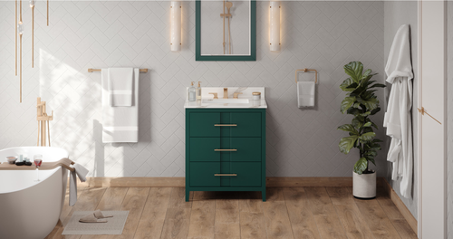 Katara 30'' Forest Green Vanity, Calacatta Vienna Quartz Vanity Top, undermount rectangle bowl VKITKAT30GNCQR