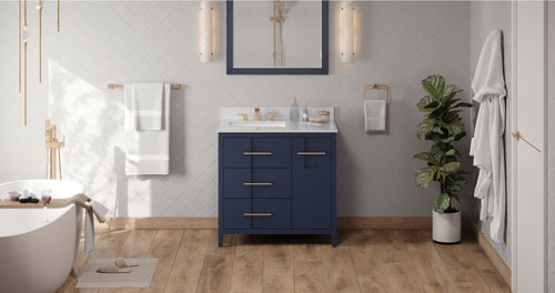 Katara 36'' Hale Blue Vanity, left offset, White Carrara Marble Vanity Top, undermount rectangle bowl VKITKAT36BLWCR