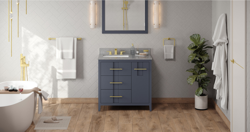 Katara 36'' Blue Steel Vanity, left offset, Steel Grey Cultured Marble Vanity Top, undermount rectangle bowl VKITKAT36BSSGR