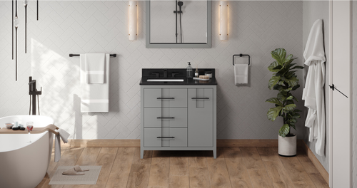 Katara 36'' Grey Vanity, left offset, Black Granite Vanity Top, undermount rectangle bowl VKITKAT36GRBGR