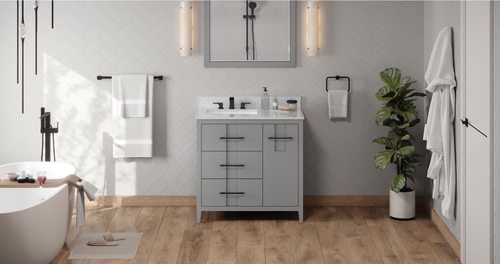 Katara 36'' Grey Vanity, left offset, White Carrara Marble Vanity Top, undermount rectangle bowl VKITKAT36GRWCR